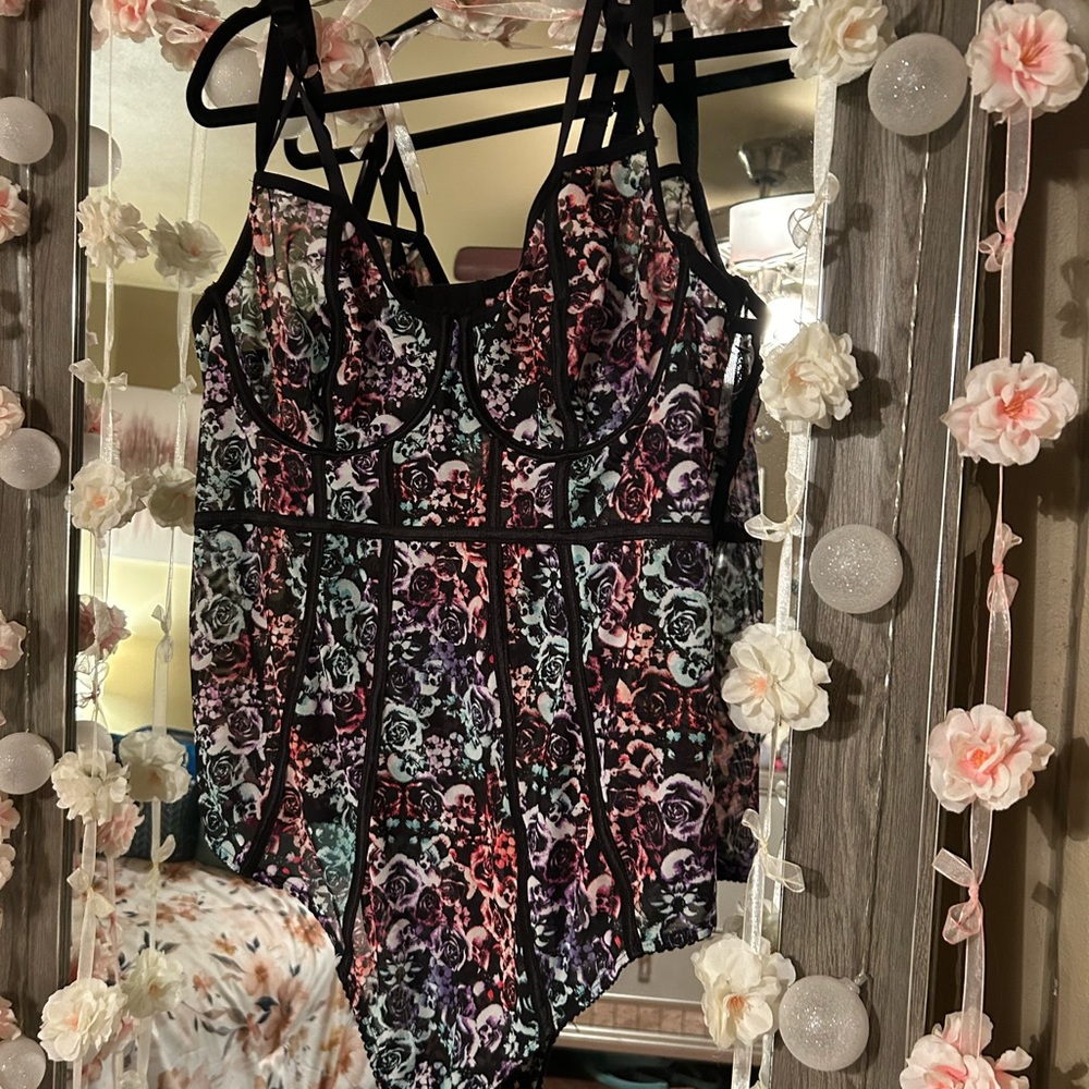 Torrid Mesh Floral Skull Bodysuit size 2